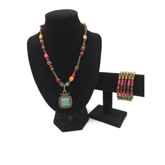 Multicolor Acrylic Beaded Necklace With Faux Turquoise & Stretch Bracelet - Picture 1 of 13